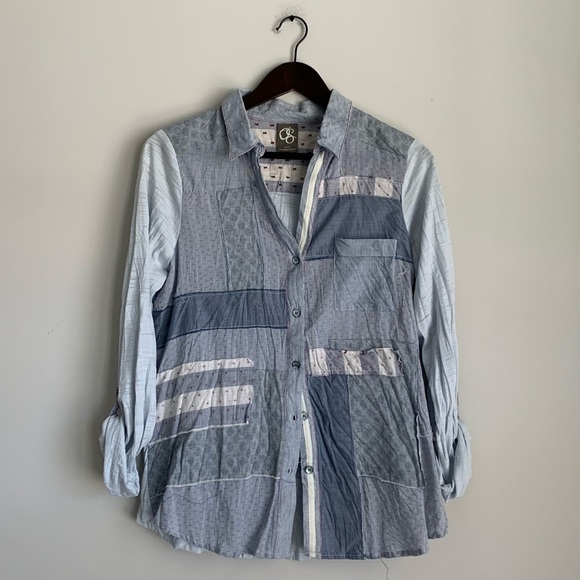 Anthropologie One September Medium Patchwork Buttondown Cotton Blue Blouse - Picture 1 of 4